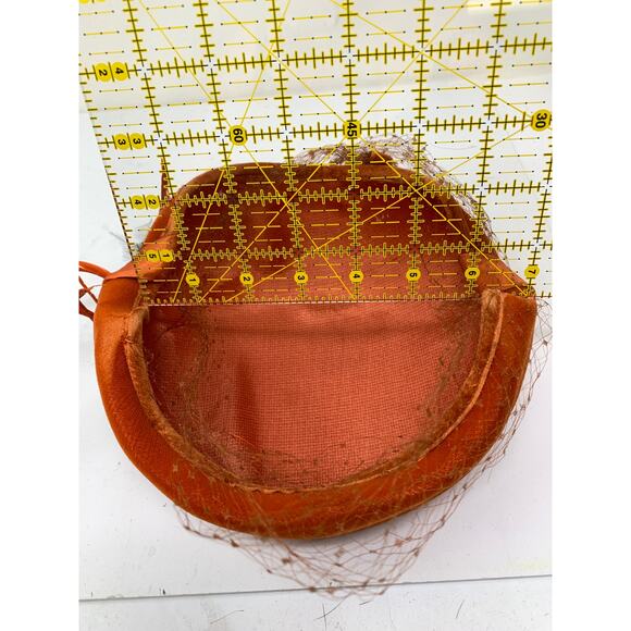 Vintage Orange Velvet Cocktail Hat Feather Trim Veil 1950s 1960s Fascinator - Picture 8 of 8